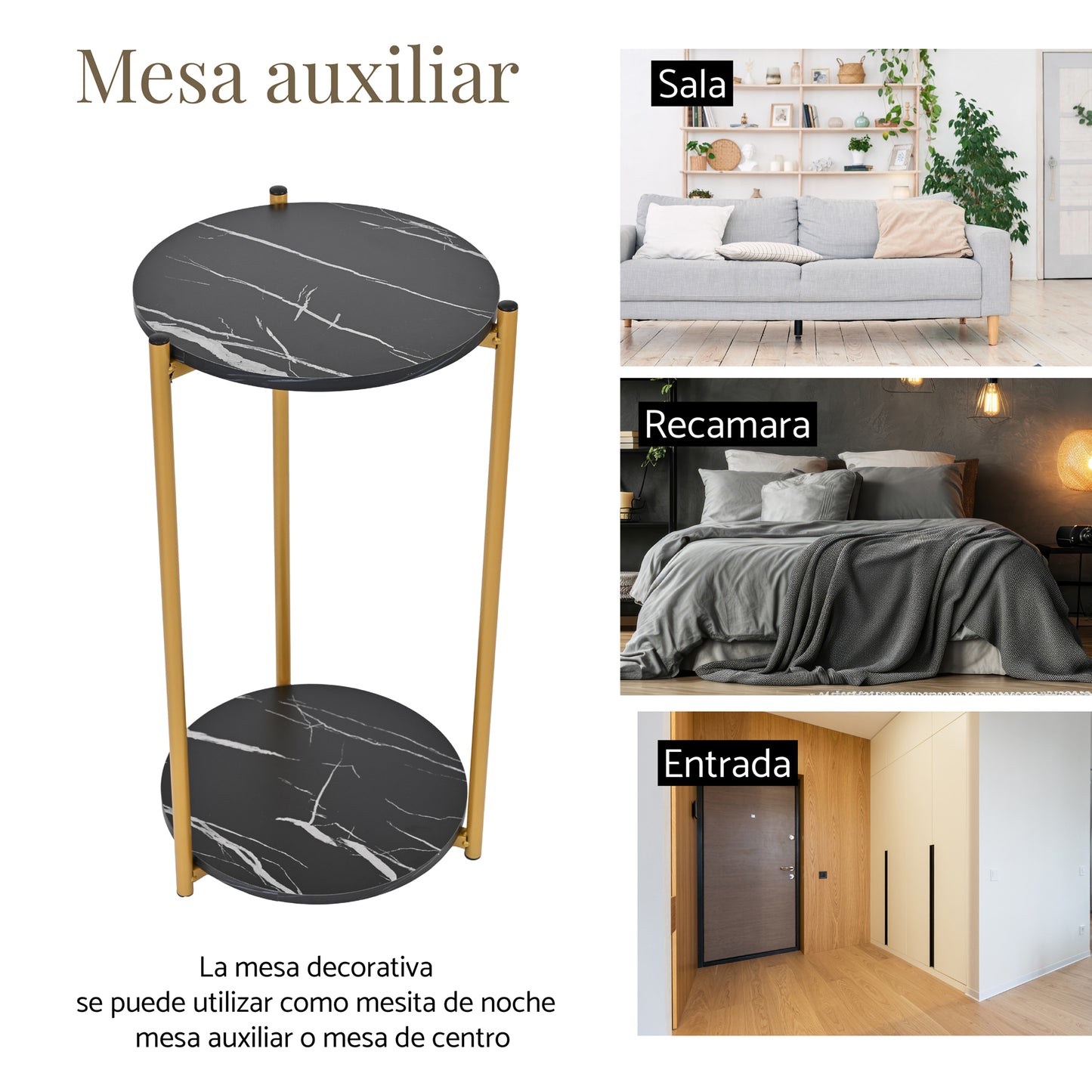 Mesa de Centro Auxiliar Redonda Moderna con Tapa de MDF y Patas de Aluminio Negro
