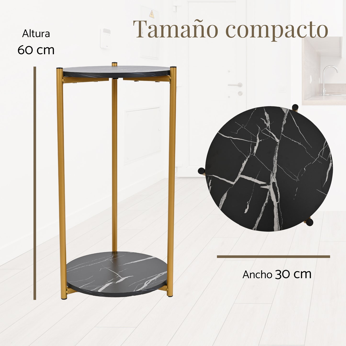 Mesa de Centro Auxiliar Redonda Moderna con Tapa de MDF y Patas de Aluminio Negro