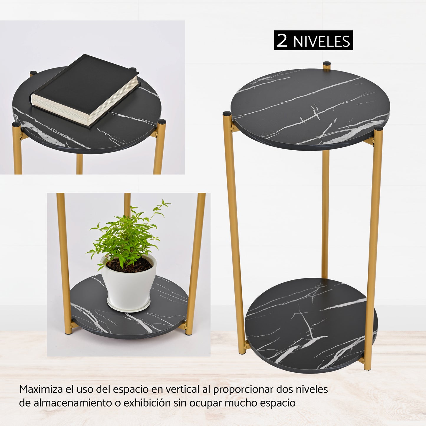 Mesa de Centro Auxiliar Redonda Moderna con Tapa de MDF y Patas de Aluminio Negro