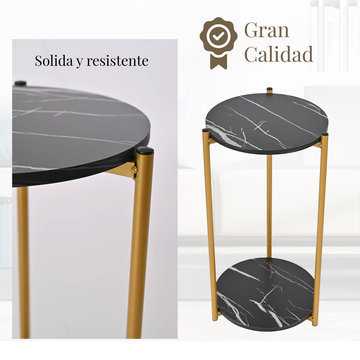 Mesa de Centro Auxiliar Redonda Moderna con Tapa de MDF y Patas de Aluminio Negro