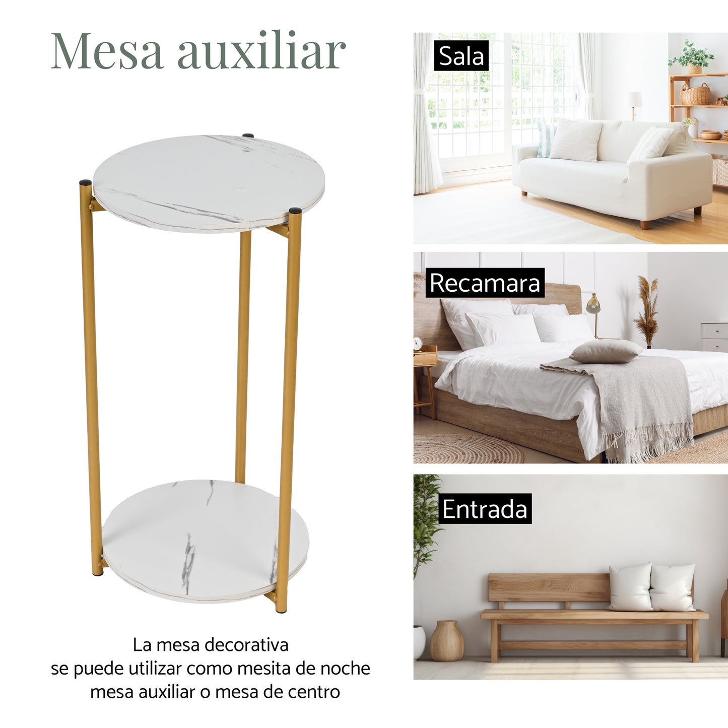 Mesa de Centro Auxiliar Redonda Moderna con Tapa de MDF y Patas de Aluminio Negro