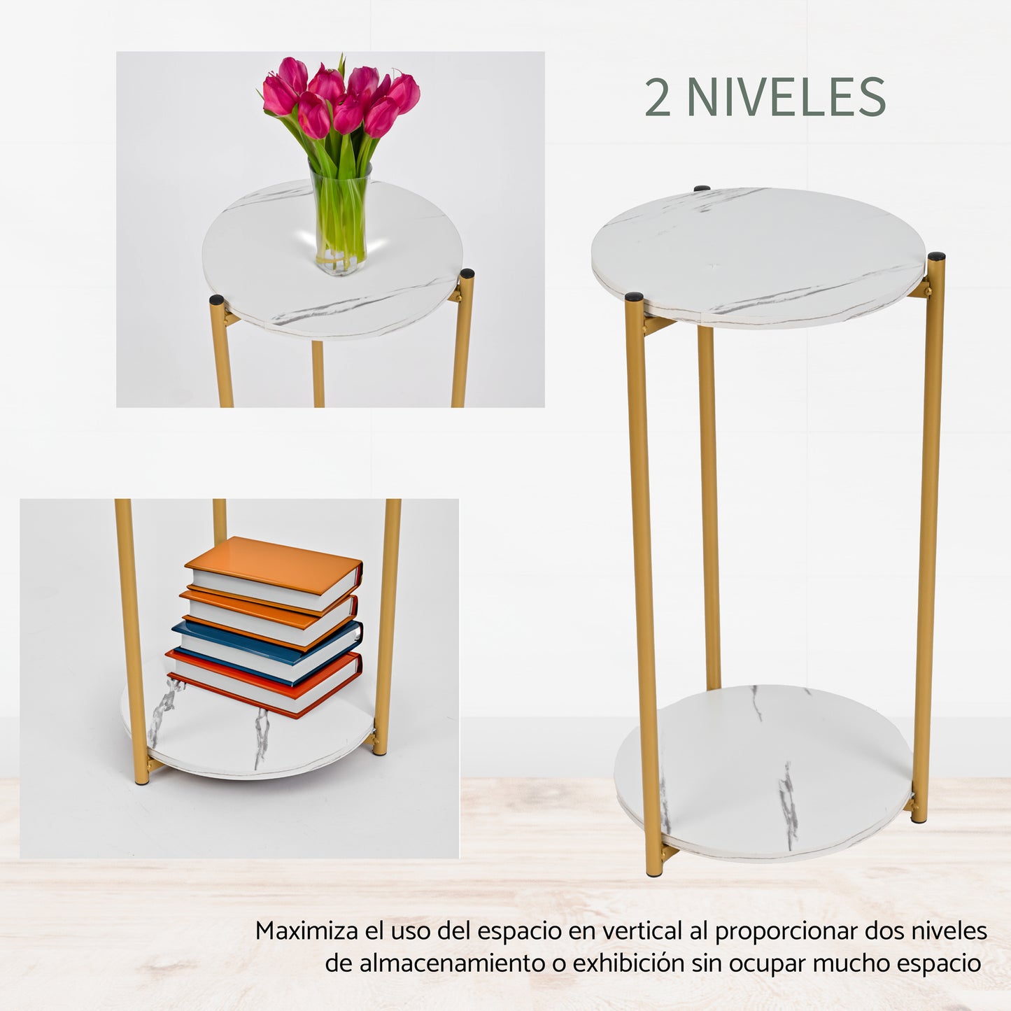 Mesa de Centro Auxiliar Redonda Moderna con Tapa de MDF y Patas de Aluminio Negro