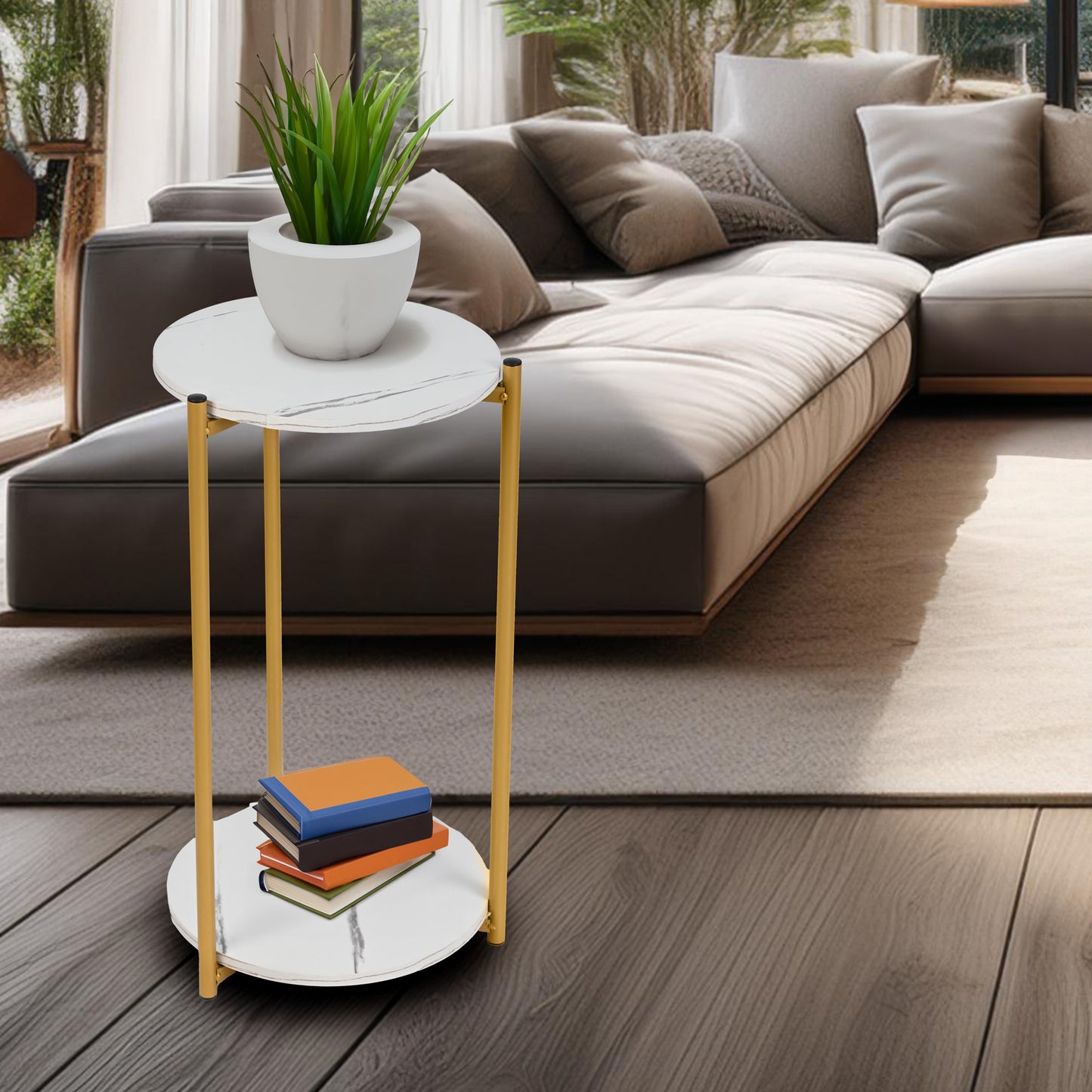 Mesa de Centro Auxiliar Redonda Moderna con Tapa de MDF y Patas de Aluminio Negro