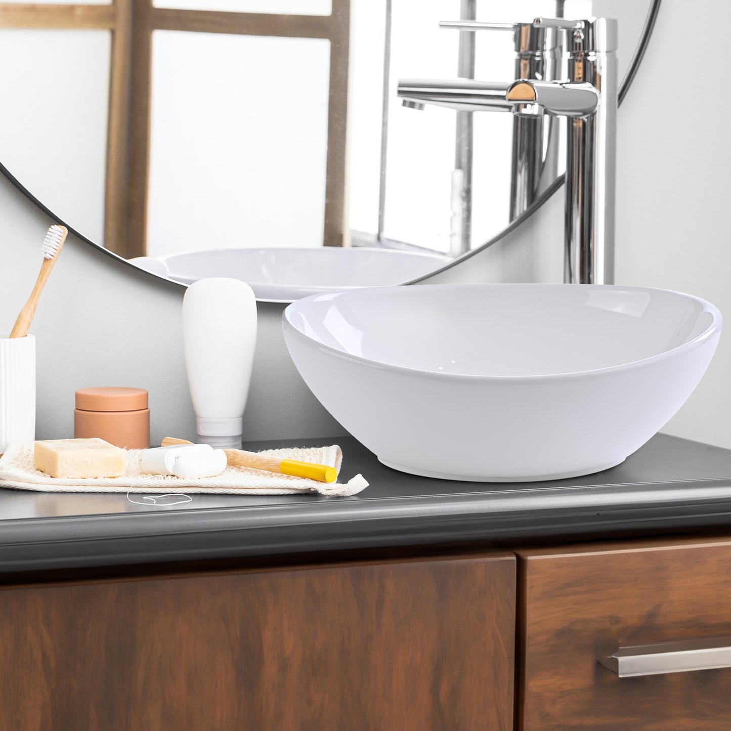 Lavabo ovalin de cerámica blanco para baño ovalado de sobreponer acabado alto brillo moderno para casa