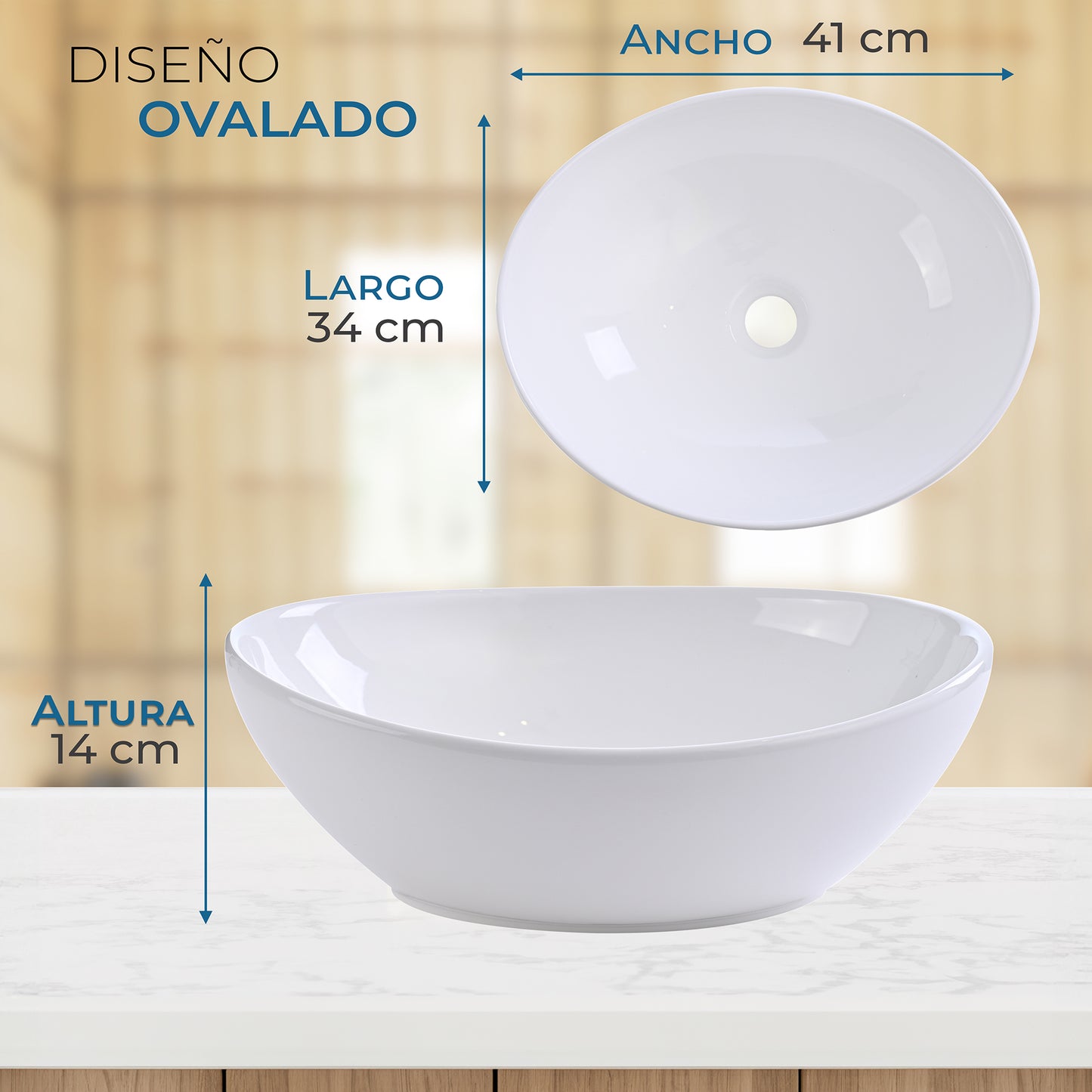 Lavabo ovalin de cerámica blanco para baño ovalado de sobreponer acabado alto brillo moderno para casa