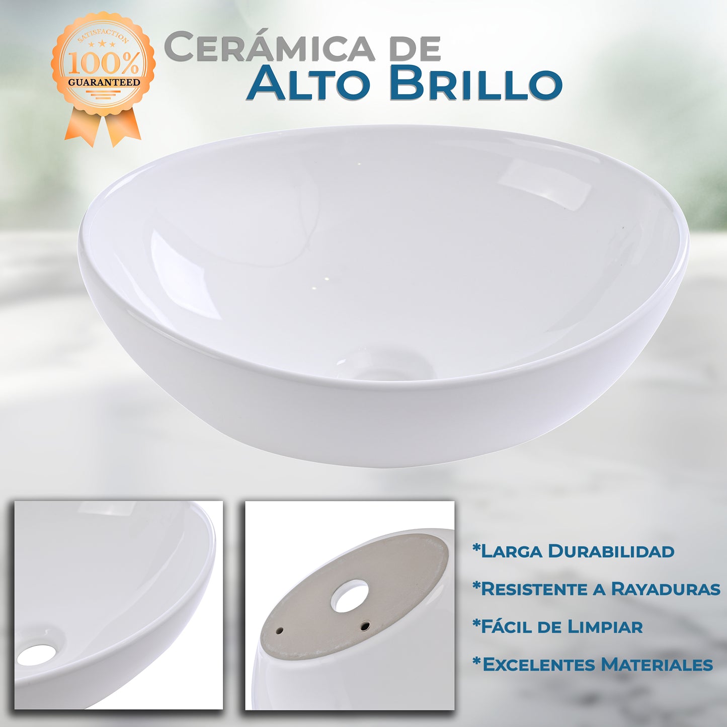 Lavabo ovalin de cerámica blanco para baño ovalado de sobreponer acabado alto brillo moderno para casa